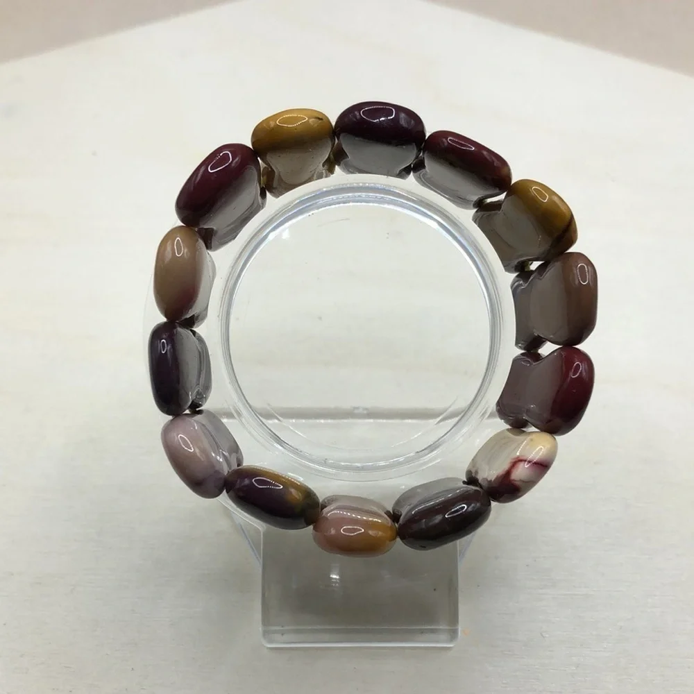 Polished stone earth tones stretch bracelet wide, boho statement style.